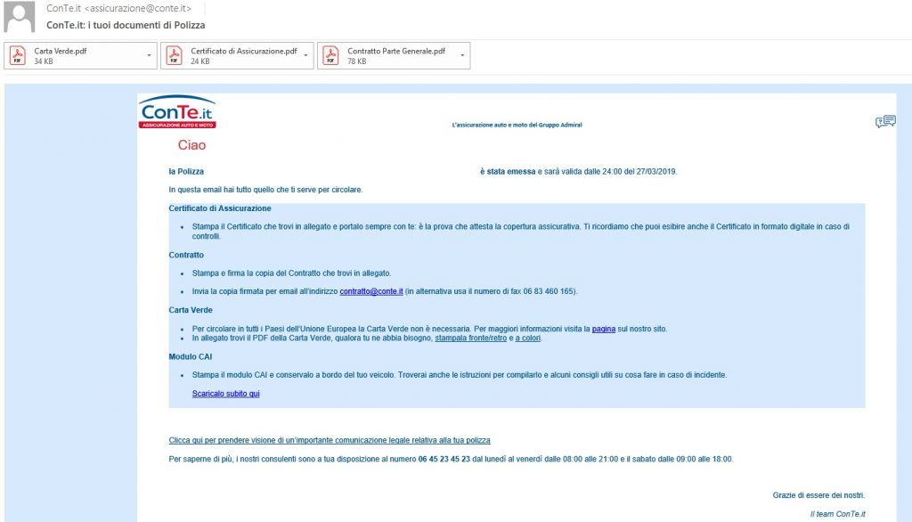 Documenti assicurazione auto sono trasmessi con posta elettronica (conte)
