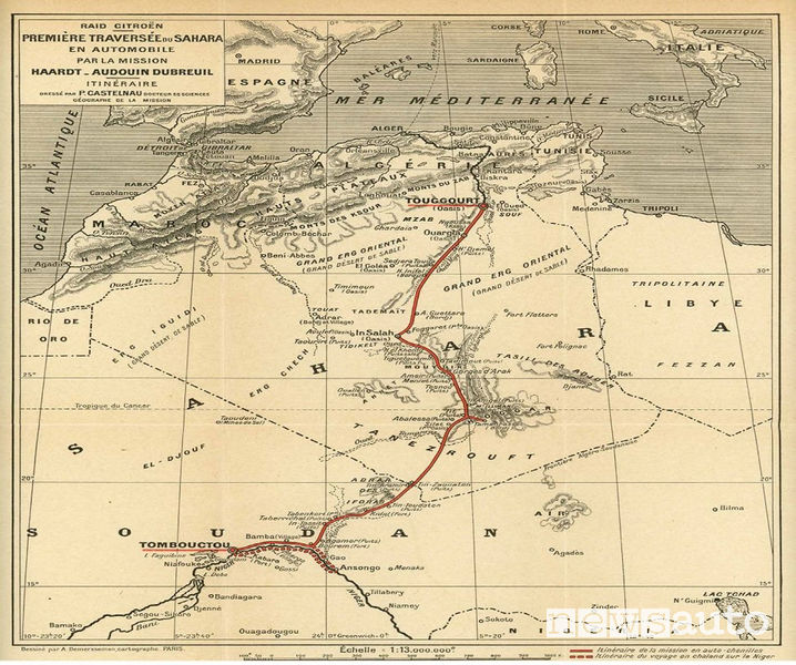 Mappa spedizione del Sahara nel 1922 con l’autocingolato Citroën “Scarabée d’Or”