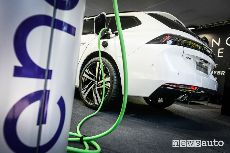 Peugeot 508 SW HYbrid al Parco Valentino 2019 ricarica colonnina Enel X