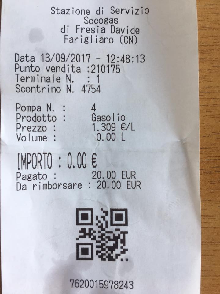 Scontrino carburante con codice QR per ottenere rimborso carburante