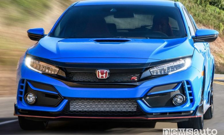 Vista anteriore Honda Civic Type R 2020 blu