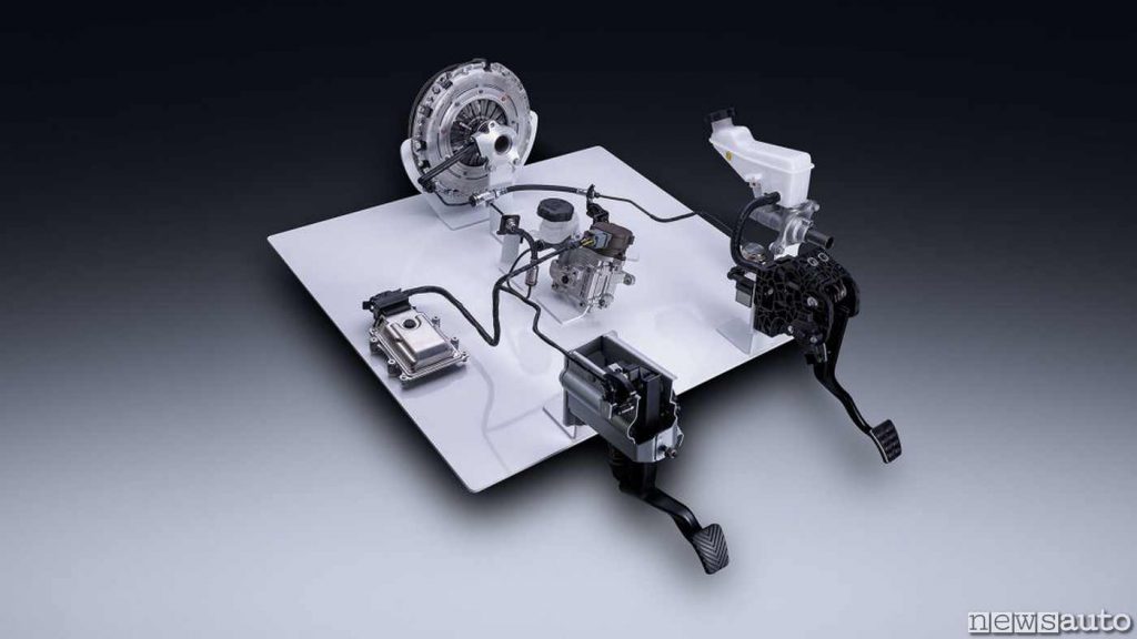 Differenza comando tra una frizione tradizionale (a DX) e la frizione elettro attuata di KIA con motorino elettrico generatore di pressione sul circuito anziché dalla classica "pompa dei freni".