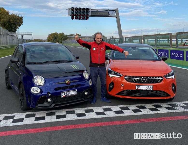 Confronto auto, Abarth 595 Monster Energy Yamaha vs Opel Corsa-e elettrica in pista a Vallelunga