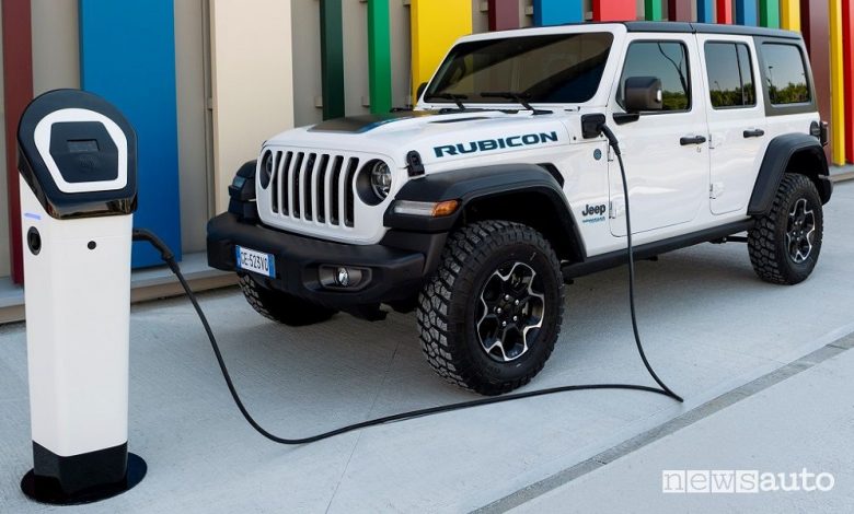 Jeep Wrangler 4xe Rubicon in ricarica da colonnina pubblica