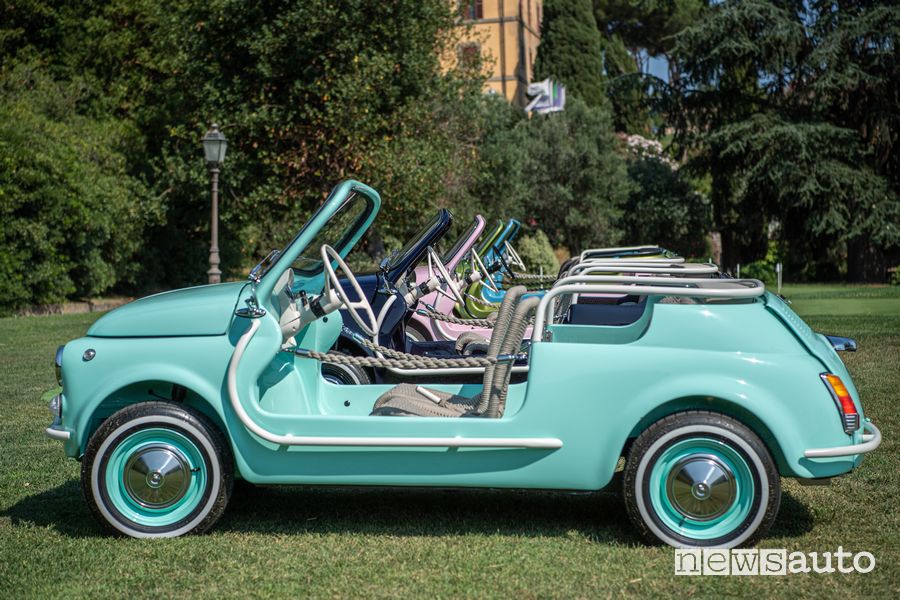 Vista laterale Fiat 500 Jolly Icon-e Spiaggina elettrica