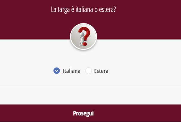 schermata con l'opzione sulla targa, scelta tra "targa italiana" o "targa estera"