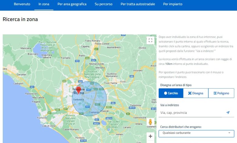Home page Osservatorio Carburanti del MISE, dove cercare in tempo reale i prezzi dei carburanti