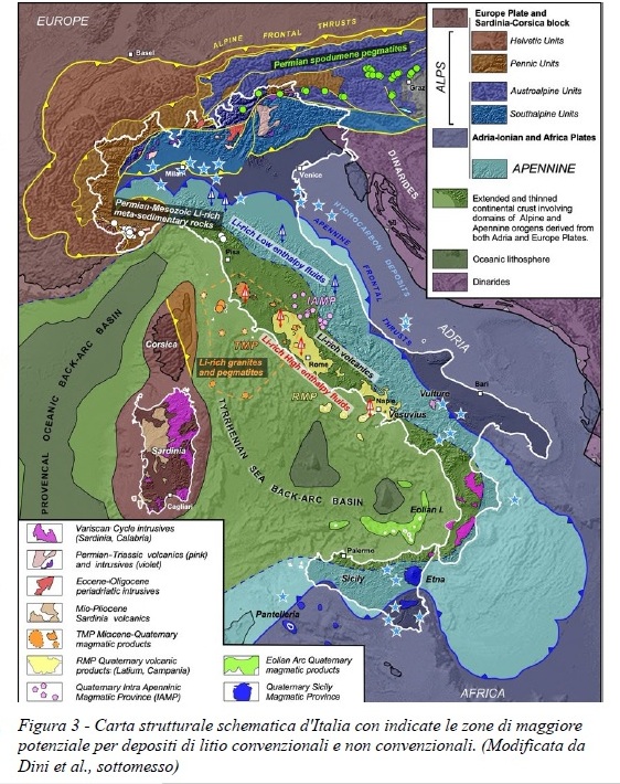 Cartina dell'Italia con zone di maggiore concentrazione di litio
