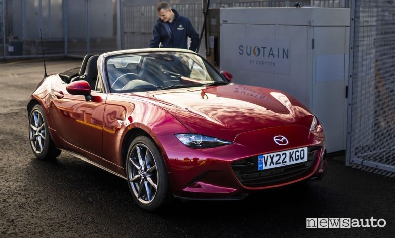 Mazda MX-5 rifornimento con benzina sostenibile SUSTAIN Coryton