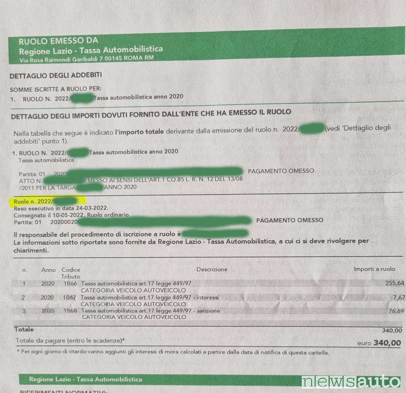 Cartella esattoriale Agenzia delle Entrate relativa ad un bollo non pagato relativo all'anno 2020