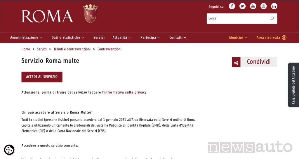 Portale comune di Roma Capitale dove è possibile pagare le multe. 