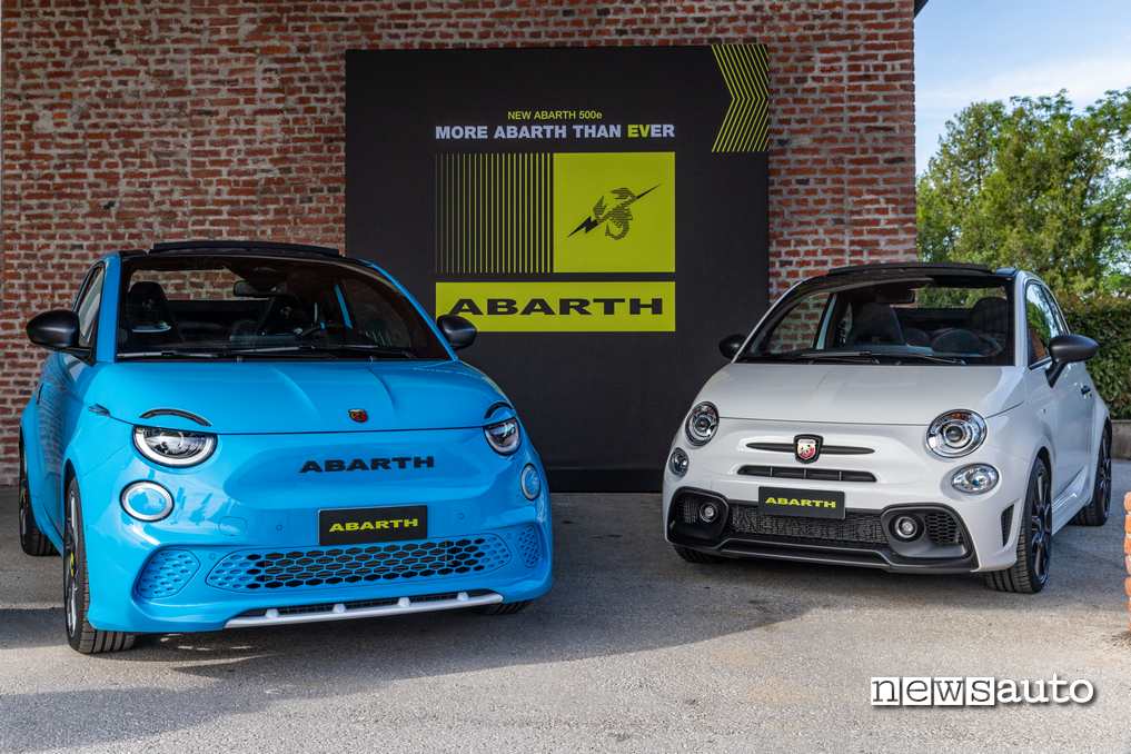 Abarth 500e frotale a contronto con la 695 termica