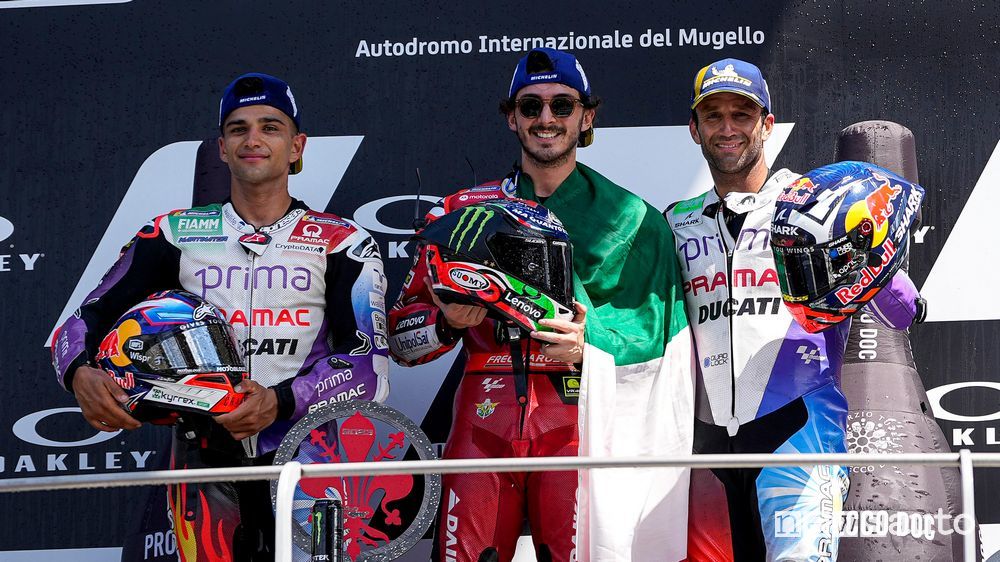 Il podio con tre Ducati nel Gp d'Italia di MotoGP 2023 al Mugello