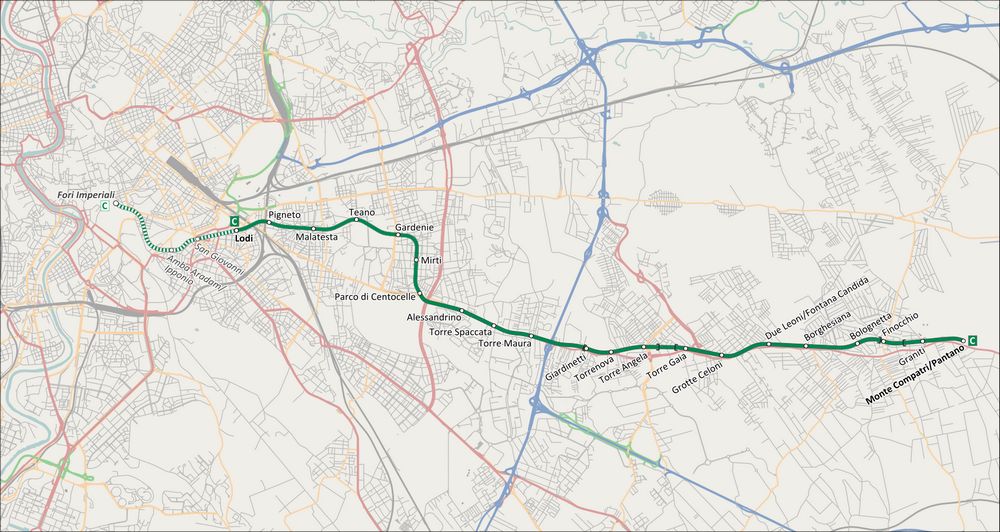 Mappa Linea C di Roma, nel parte sud-orientale della Capitale