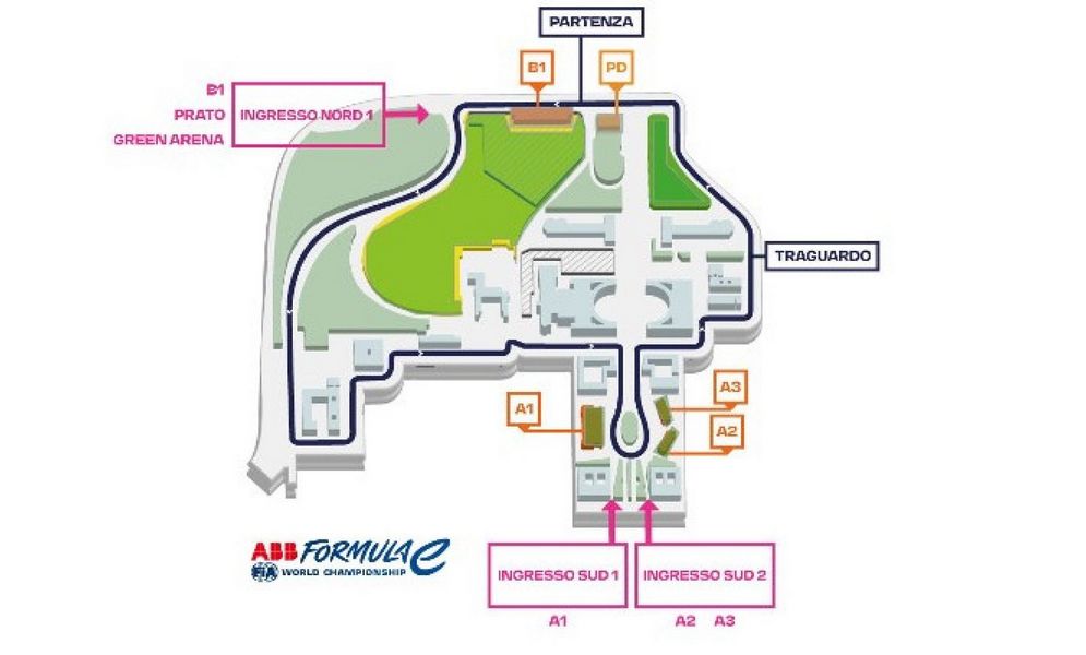 Mappa ingressi Nord e Sud al circuito dell'Eur della Formula E
