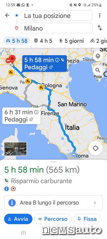 Google Maps permette anche di personalizzare il percorso in base al tipo di auto, elettrica, diesel, benzina.
