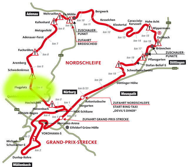 Il circuito lungo del Nurburgring ed il punto esatto, la curva Flugplatz dove è avvenuto l'incidente della Nissan GT-R di cui si parla nel film Gran Turismo