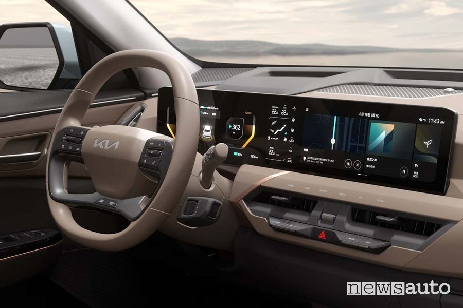 Kia EV5 plancia doppio display digitale dove l'aggiornamento RU 24.2 consente l'accesso a Netflix, Disney+ e YouTube nelle auto Kia