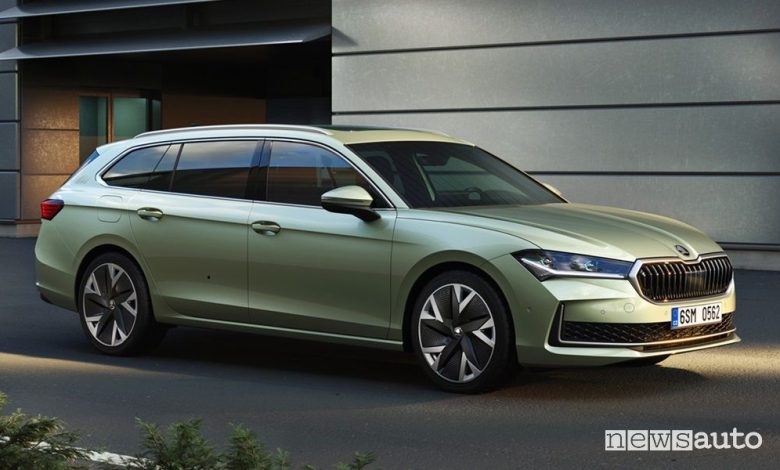 Nuova Skoda Superb wagon anteriore 3/4
