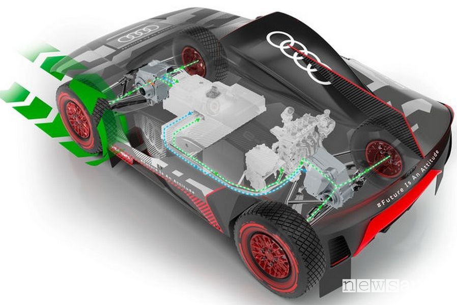 Il prototipo Audi che ha vinto alla DAKAR, si vedono in trasparenza il motore centrale termico, motogeneratore ed i 2 motori elettrici, uno sull'assale anteriore e l'altro su quello posteriore.