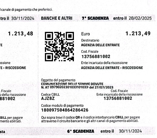 Modulo di pagamento in formato CBILL emesso dall'Agenzia della Entrate e Riscossione