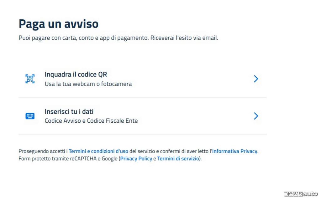pagoPA inserimento dati avviso con QR code o manualmente.