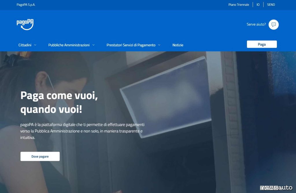 home page sito pagopa sulla home trovi il pulsante "PAGA", clicca e vai alla schermata successiva.