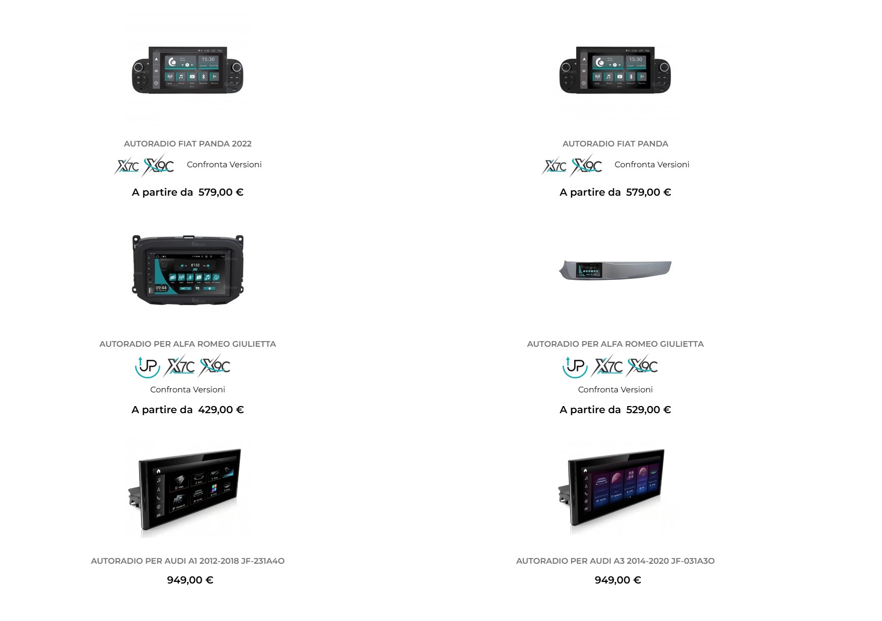 Vista parziale dell'ampio catalogo di prodotti "custom fit" JF Sound