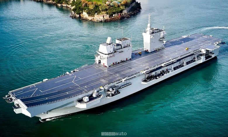 La nave portaerei Trieste dispone di un ponte di volo di 230 × 36 m con nove punti di decollo