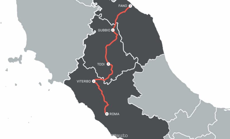 Mappa Tirreno-Adriatica 2025, dal 23 al 26 ottobre, da Roma a Fano