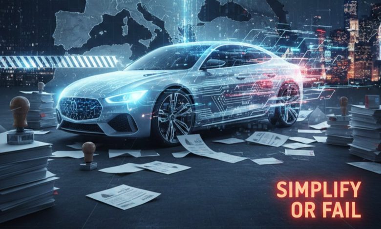 Rappresentazione concettuale di un'auto digitale stilizzata con circuiti elettronici luminosi, circondata da pile di documenti burocratici e una mappa dell'Europa sullo sfondo.