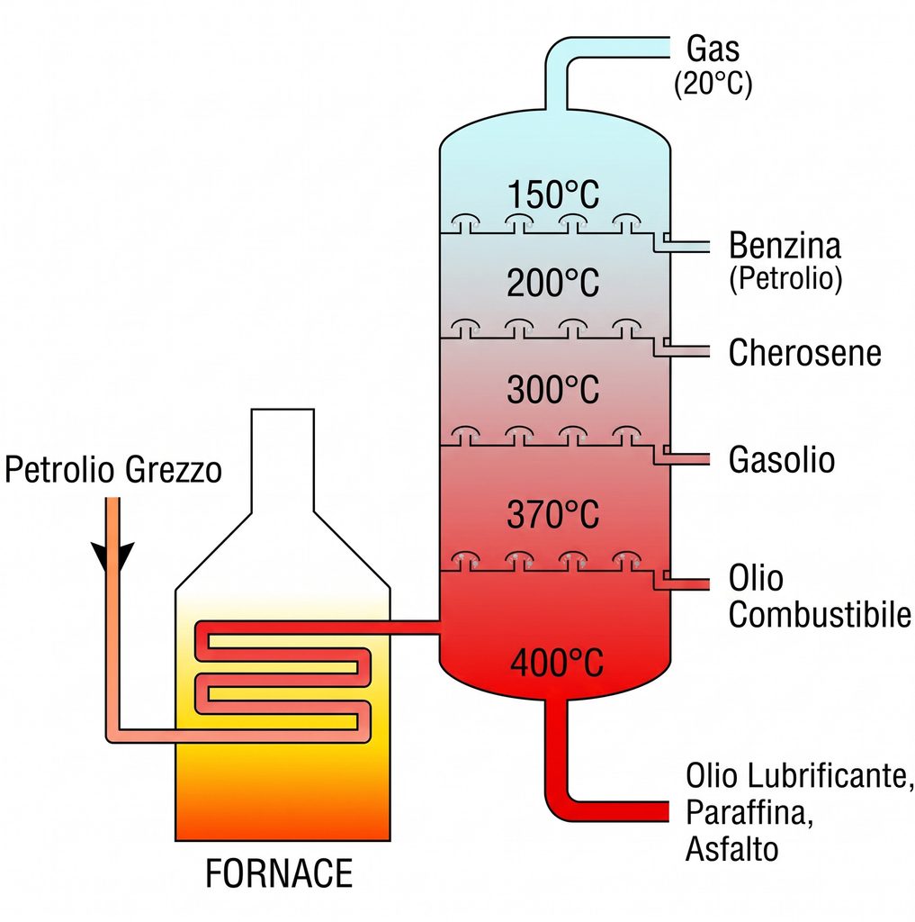 Schema di funzionamento di una raffineria di petrolio con la torre di distillazione atmosferica e la colonna verticale dove avviene la separazione in più prodotti.